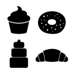 Bakery icon in solid black flat shape glyph icon, isolated on white background. Vector croissant, cake, cupcake and doughnut filled