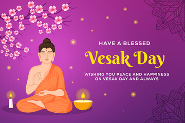 Obraz premium Vesak day illustration background banner poster with buddha meditating shaded by the tree