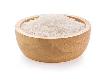 Rice in wood bowl isolated on white