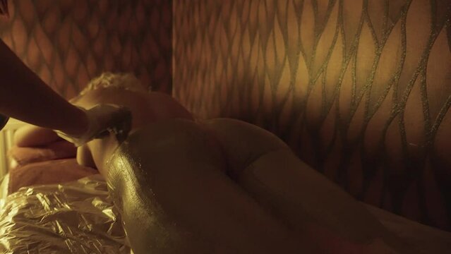 Seaweed Mud Detox Treatment in Wellness Spa Center, Close Up of Woman Lying on Table and Beautician Hands