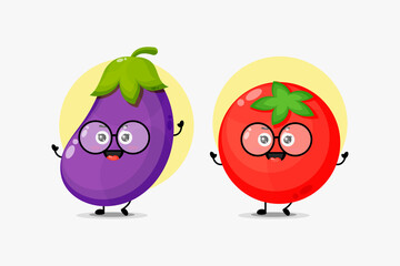 Cute eggplant and tomato character wearing glasses