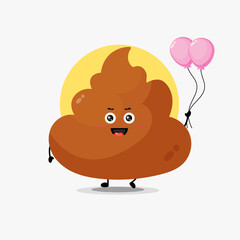 Cute poop character carrying balloon