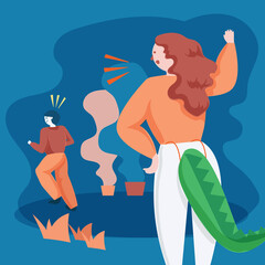 Hand drawn woman character getting pranked by man. April Fool's Day pranking. Colorful flat vector illustration background