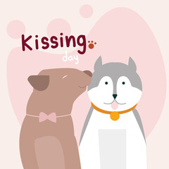 International Kissing Day hand drawing. Cute dogs character kissing wiht love, with text. Flat vector illustration background