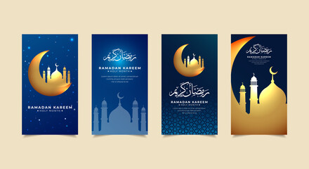 Ramadhan kareem design Stories Collection. Ramadhan kareem template stories suitable for promotion, marketing etc. Celebration ramadan kareem background with shinny crescent moon and mosque silhouette