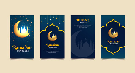 Happy ramadan kareem background with golden crescent moon and mosque silhouette. Ramadhan kareem design Stories Collection. Ramadhan kareem template stories suitable for promotion, marketing etc. 