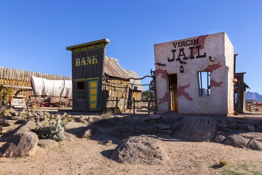 Replica of Old Vintage Wild West Frontier Town with Bank, Jail Buildings and Stage Coach Wagon in Virgin, Utah near Zion National Park on November 24, 2021
