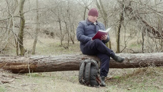 tourist reads a book in the forest sitting on a fallen tree