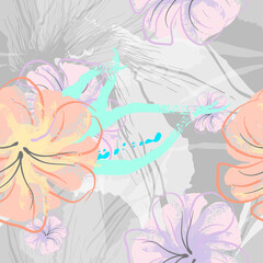 Fototapeta na wymiar Pink Flowers Blooming Pattern. Pastel Watercolor.