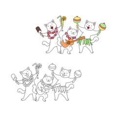 Naklejka premium Coloring page with cute cat. Illustration of a three funny cats enjoying beach party. Vector 10 EPS.
