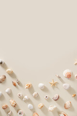 Seashells and starfish with shadows on beige pastel background at sunlight. Summer vacation concept. Nautical design. Modern flat lay shells, sea stars, stones minimal style card. Top view