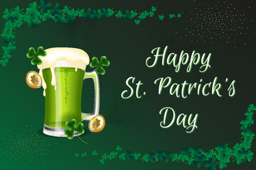 St. Patrick's Day background with beer, green four leaves clover icon and gold coins - lucky irish celtic and casino symbols.  Vector Illustration.
