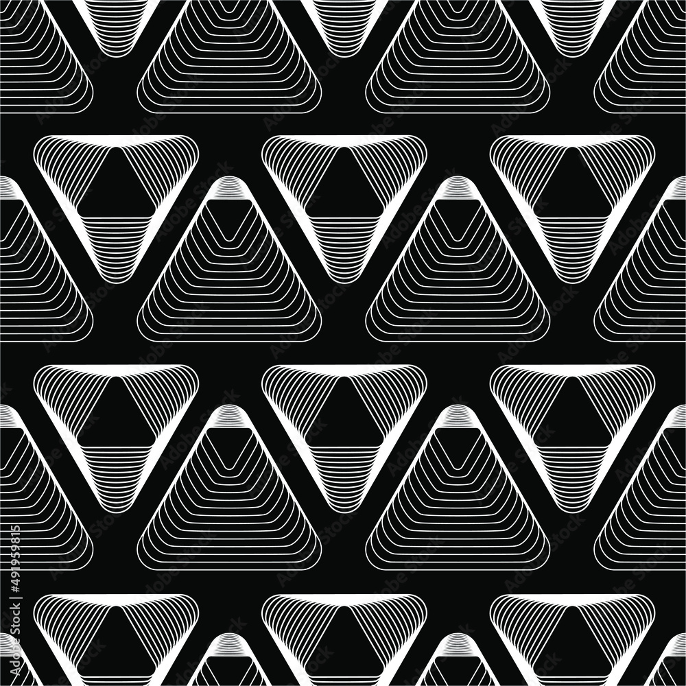 Poster white contours of triangles, with rounded corners, nested in each other, arranged in rows on a black