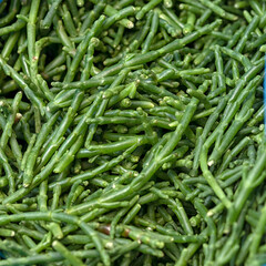 stalks of fresh Marsh samphire at a farmers market