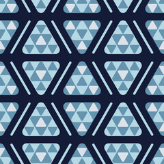 Blue and gray triangles of different sizes create an ornament on a black background. Seamless geometric pattern for packaging, business. Vector illustration.