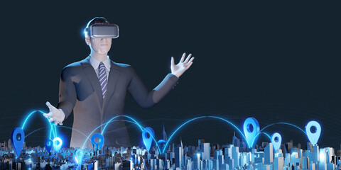 new york  City VR glasses Transport business Hologram gps map simulator Pinning Landing Avatars in Metaverse 3D illustration