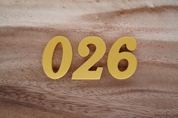 Golden Arabic numerals on a real brown and white wooden floor number 026