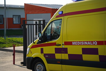 Almaty, Kazakhstan - 09.03.2021 : An ambulance pulls into the territory of an infectious diseases hospital © Vladimir