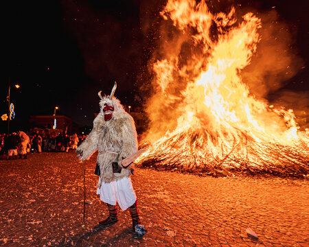 Traditional national celebration in folk style. Slavic tradition. Performance with Hungarian masked artists. Authentic buso from Hungary Mohacs. Busojaras holiday. Hungarian name is Mohacsi  busojaras