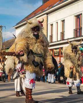 Traditional national celebration in folk style. Slavic tradition. Performance with Hungarian masked artists. Authentic buso from Hungary Mohacs. Busojaras holiday. Hungarian name is Mohacsi  busojaras