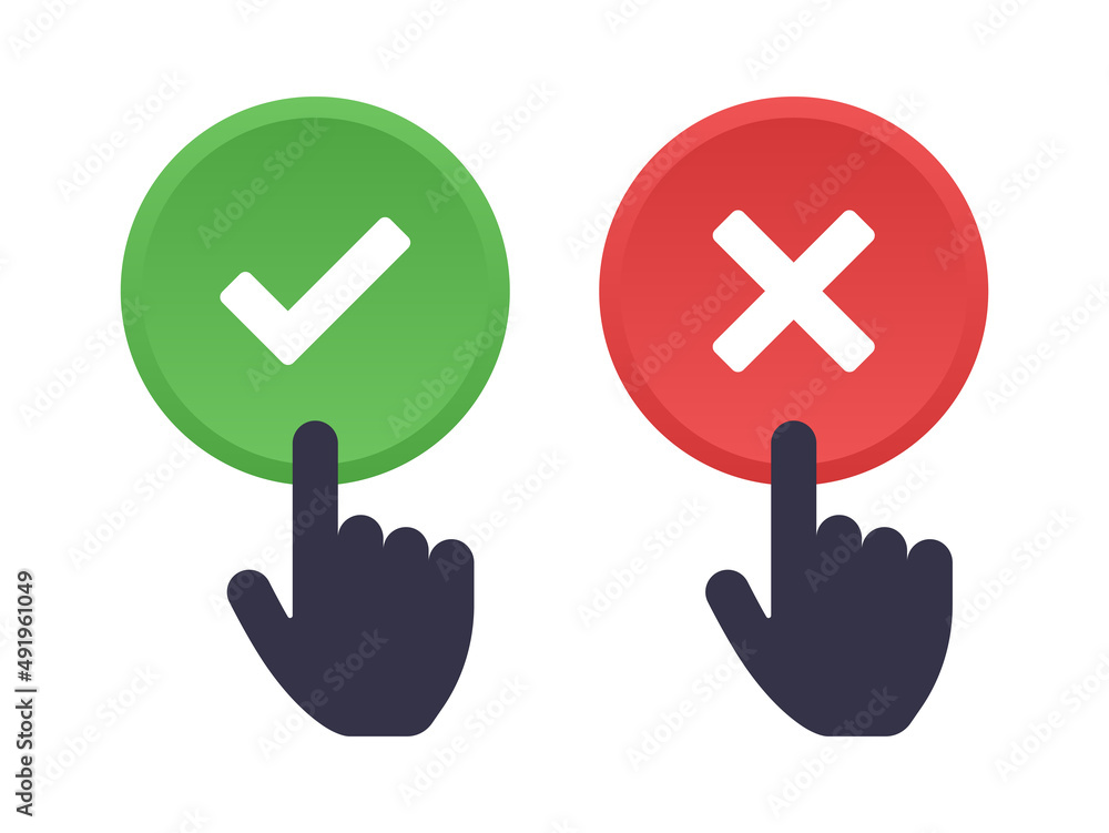 Poster Hand pointing on push button icon set. Correct and wrong button isolated on white background.