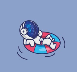 Cute illustration astronaut in the ocean using a lifebuoy ring. Cartoon flat style icon premium vector logo mascot suitable for web design banner character