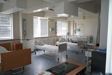 Almaty, Kazakhstan - 06.18.2021 : A ward with beds and a ventilator system in the infectious diseases department
