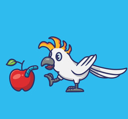 cute parrot found apple fruit with a worm ceterpillar food. animal flat cartoon style illustration icon premium vector logo mascot suitable for web design banner character