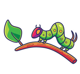 cute caterpillar on the tree branch leaf. Animal cartoon Isolated Flat Style Sticker Web Design Icon illustration Premium Vector Logo mascot character