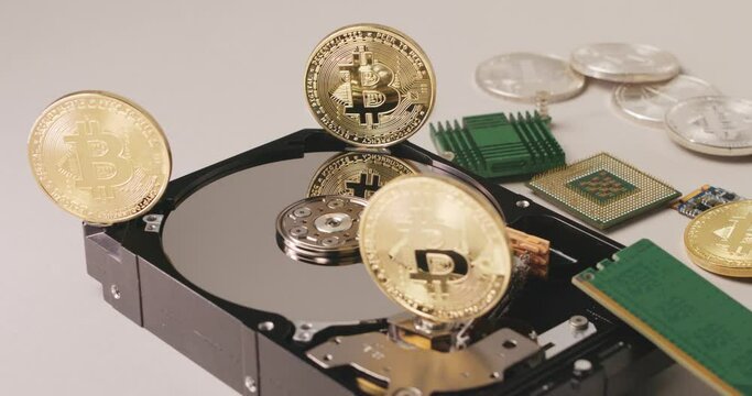 Bitcoin coins on top of HDD platter and disc. Storage of crypto data and information