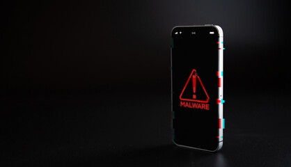 Hacker security cyber attack smartphone. Digital mobile phone isolated on black. Internet web hack technology. Login and password, cybersecurity banner concept.
