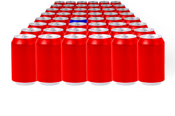 Blue aluminum can among a group of red aluminum cans on white background. Concept primary colors