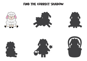 Find the correct shadows of cute Easter lamb. Logical puzzle for kids.