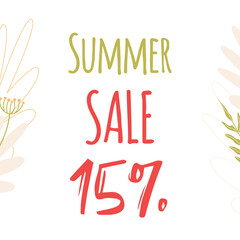 Summer sale, lettering. Banner, summer flowers and plants, leaves. Flower illustration. Pink and white flowers, green leaves, pink inscription