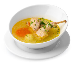 Chicken soup in bowl on white background