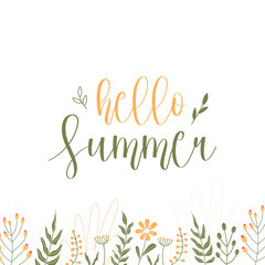 Hello, summer, lettering. Banner, summer flowers and plants, leaves. Flower illustration. Pink and white flowers, green leaves, pink inscription