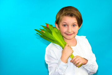 happy little boy with a bouquet of flowers. portrait of a small child holding a lot of tulips. a rude schoolboy in a white shirt is going to give flowers. blue background.