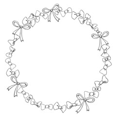 Vector frame, border, wreath from outline bows, ribbons. Simple background, decoration in doodle style for girls design, holidays