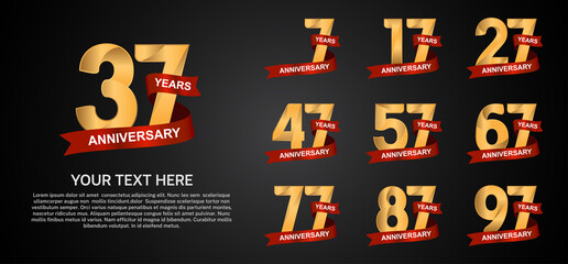 set anniversary logotype premium collection gold color with red ribbon isolated on black background
