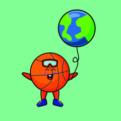 Cute cartoon basketball floating with basketball world balloon cartoon vector illustration in concept 3d cartoon style