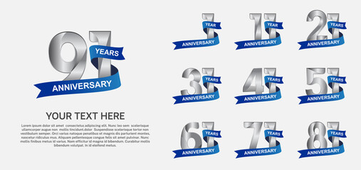 set anniversary logotype premium collection silver color with blue ribbon isolated on white background