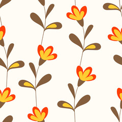 Seamless floral pattern based on traditional folk art ornaments. Colorful flowers on light background. Scandinavian style. Sweden nordic style. Vector illustration. Simple minimalistic pattern