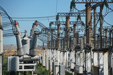 Pavlodar, Kazakhstan - 05.29.2015 : High-voltage power lines with transformers, insulators, and...