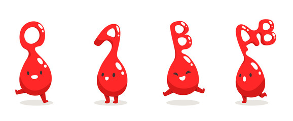 Cute happy blood drop with O A B AB group sign characters set. Flat vector of human blood group types isolated on white background. Lively Blood types in different gestures. Red blood mascot design.