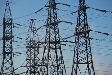 Pavlodar, Kazakhstan - 05.29.2015 : High-voltage power lines with transformers, insulators, and wires.