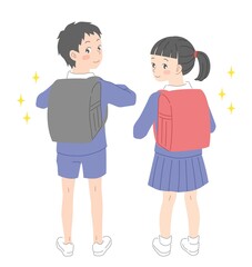 ランドセルを背負った笑顔の小学生の男の子と女の子のイラスト素材