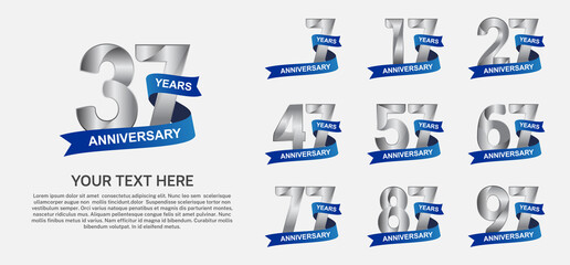 set anniversary logotype premium collection silver color with blue ribbon isolated on white background