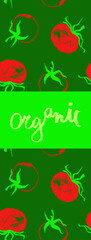 Tomato banner. Cooking courses vector vertical banner template. Tomatoes drawing for label tomato paste, tomato juice. Hand-drawn illustration. Organic vegetable background. Vegan restaurant concept.