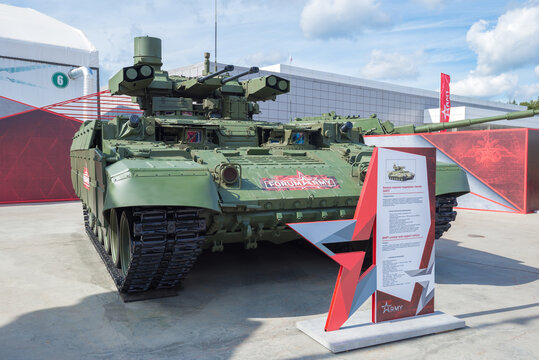 MOSCOW REGION, RUSSIA - AUGUST 25, 2020: Terminator-2 tank support fighting vehicle. Front view. Exhibit of the international military-technical forum "Army-2020". Patriot Park