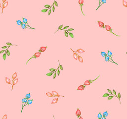 Seamless pattern. Watercolor flowers, leaves and berries.